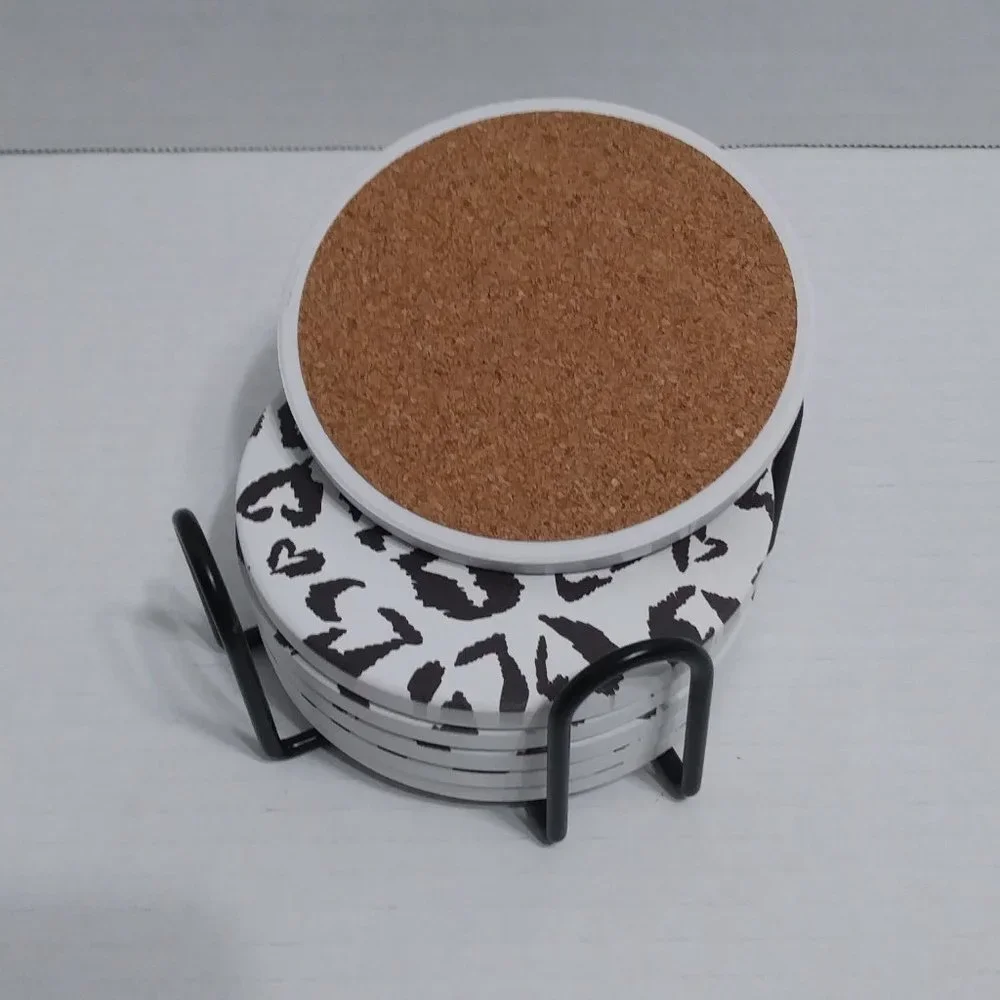Ceramic Coaster With Cork Base And Holder Set With Hearts 6 Piece